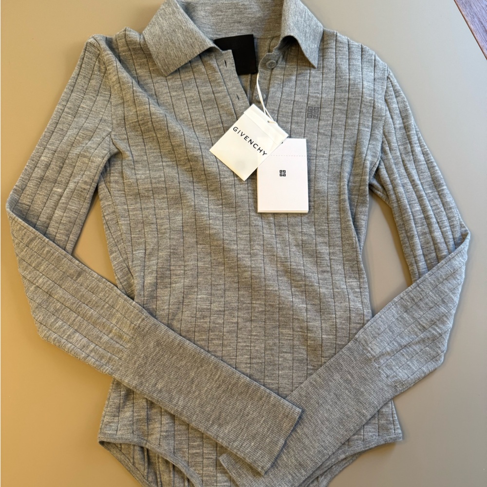 Givenchy Gray Ribbed Long Sleeve Polo Bodysuit